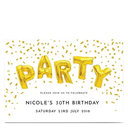 Personalised Party Invitation - Gold Party Balloons offers at £1.79 in Card Factory