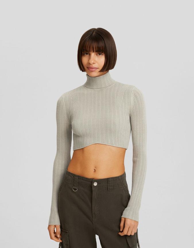 Ribbed high neck cropped sweater offers at £17.99 in Bershka