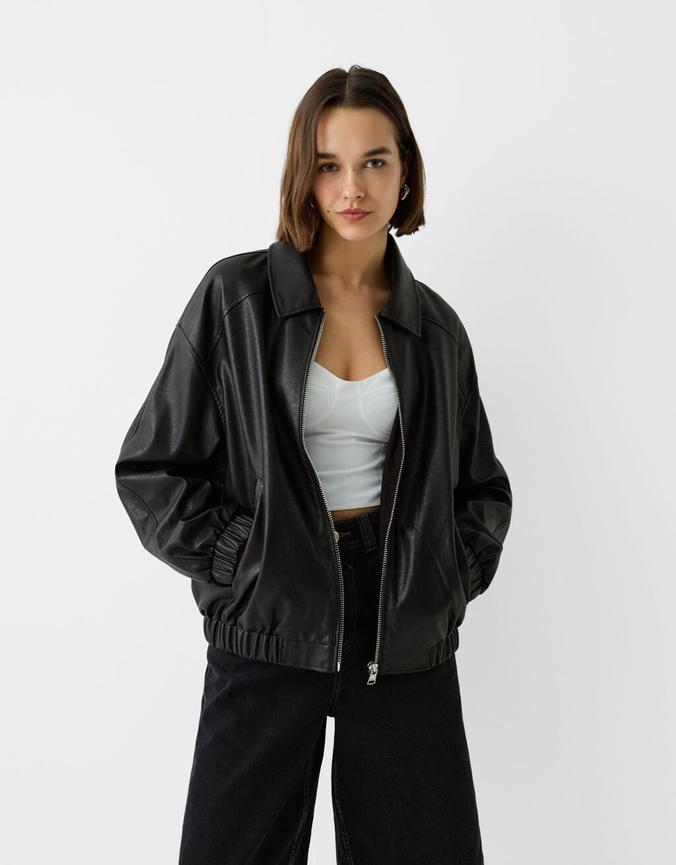 Faux leather dad fit jacket offers at £35.99 in Bershka