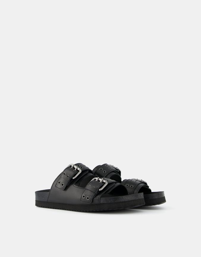 LEATHER buckled flat slider sandals offers at £34.99 in Bershka