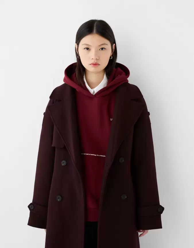 Oversize felt texture trench coat offers at £79.99 in Bershka