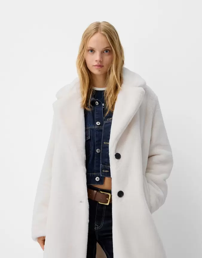 Faux fur coat offers at £49.99 in Bershka