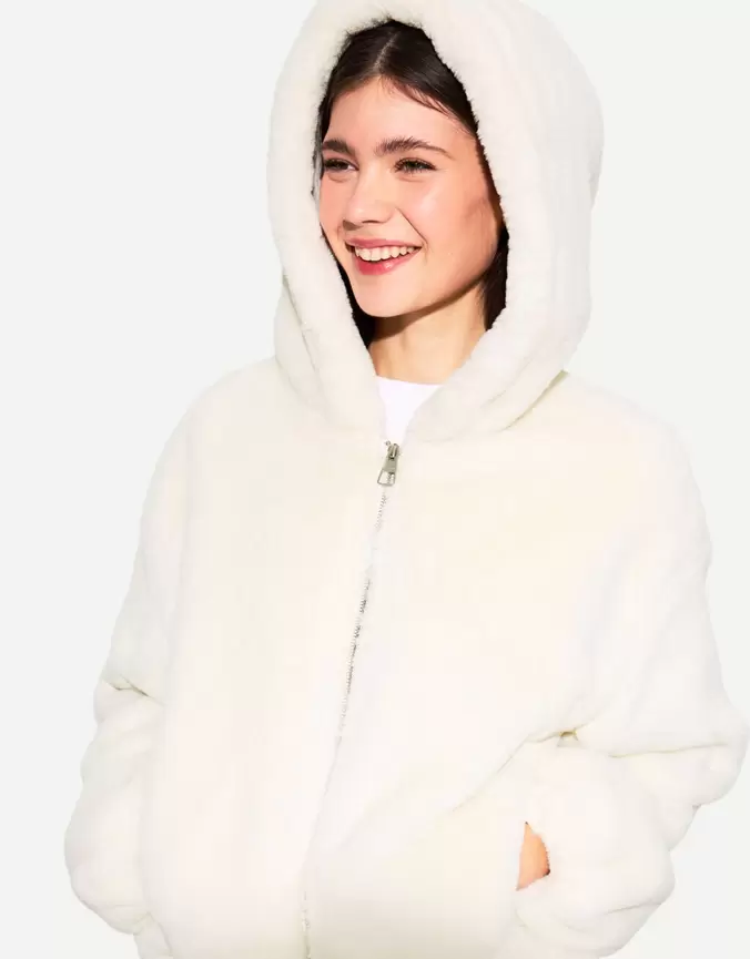 Jacket with faux fur hood offers at £39.99 in Bershka