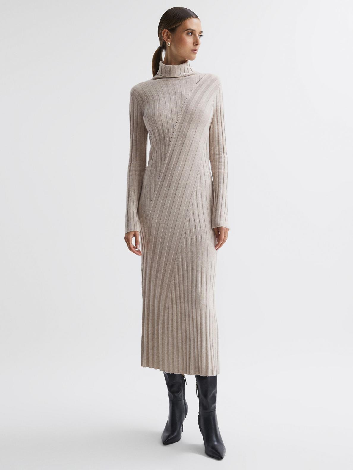 Reiss Cady Ribbed Knit Roll Neck Midi Dress, Stone offers at £98 in John Lewis