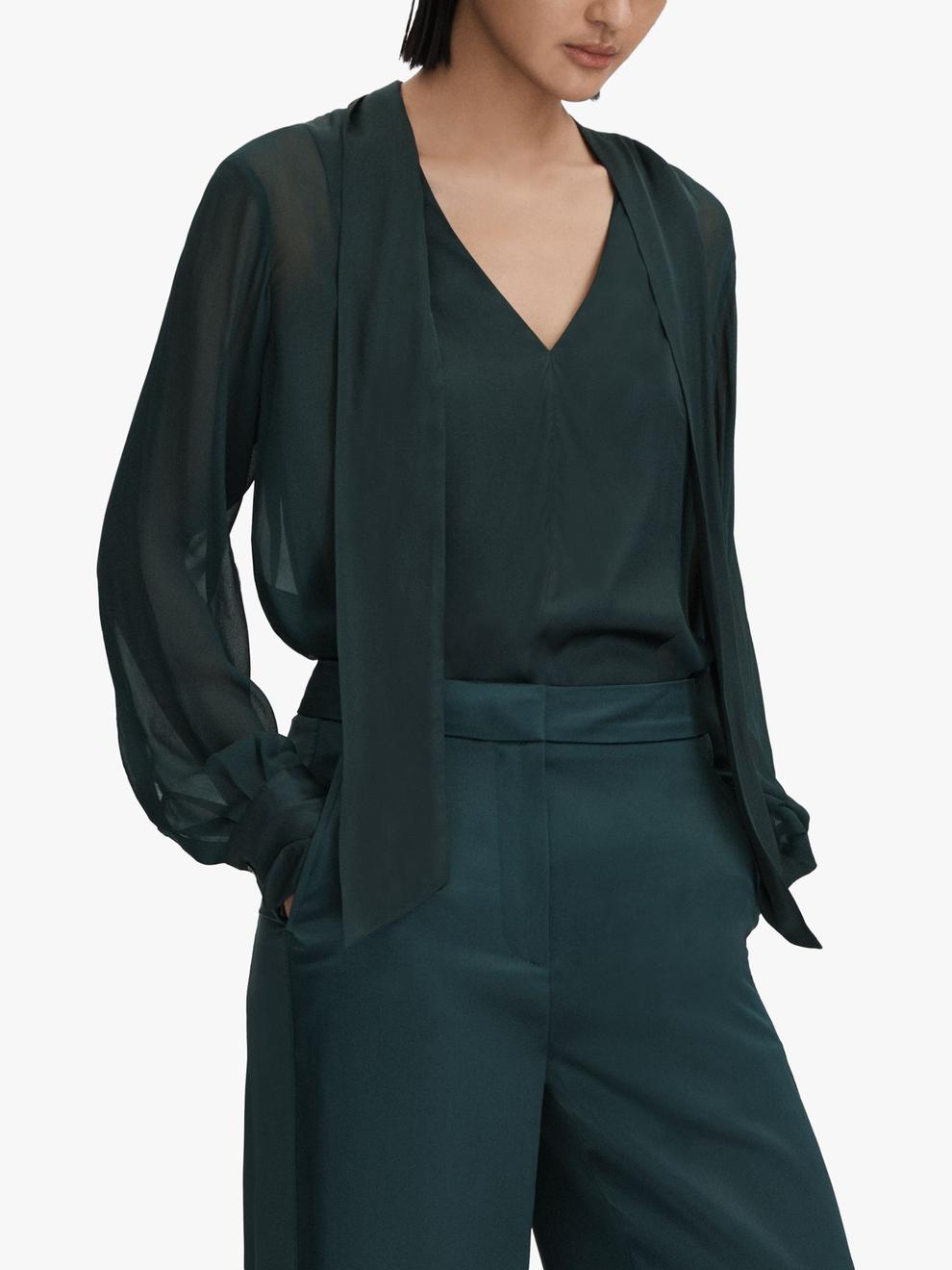 Reiss Lula Satin Tie Neck Blouse, Green offers at £88 in John Lewis