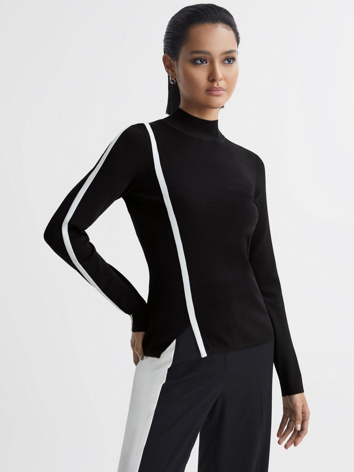 Reiss Anna Contrast Stripe High Neck Top, Black/White offers at £88 in John Lewis
