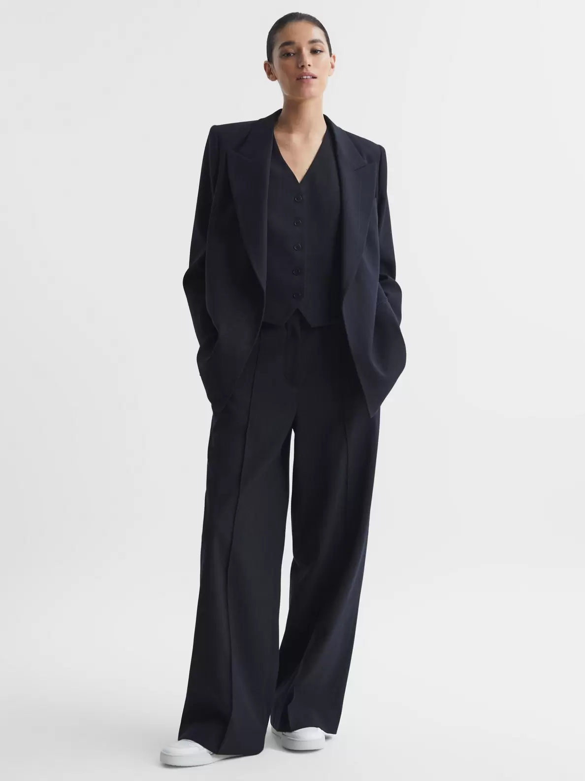 Reiss Willow Pinstripe Wool Blend Tailored Trousers, Navy offers at £118 in John Lewis