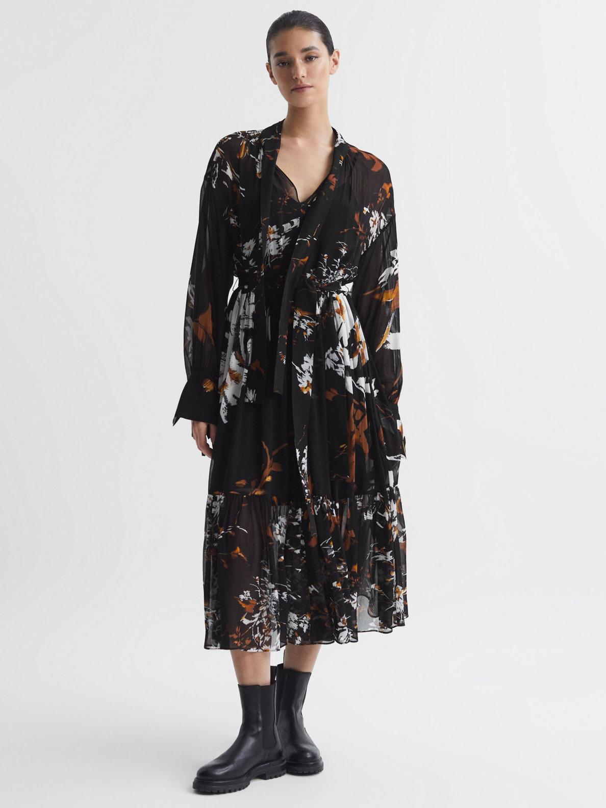 Reiss Charlotte Floral Tie Neck Midi Dress, Black/Multi offers at £118 in John Lewis