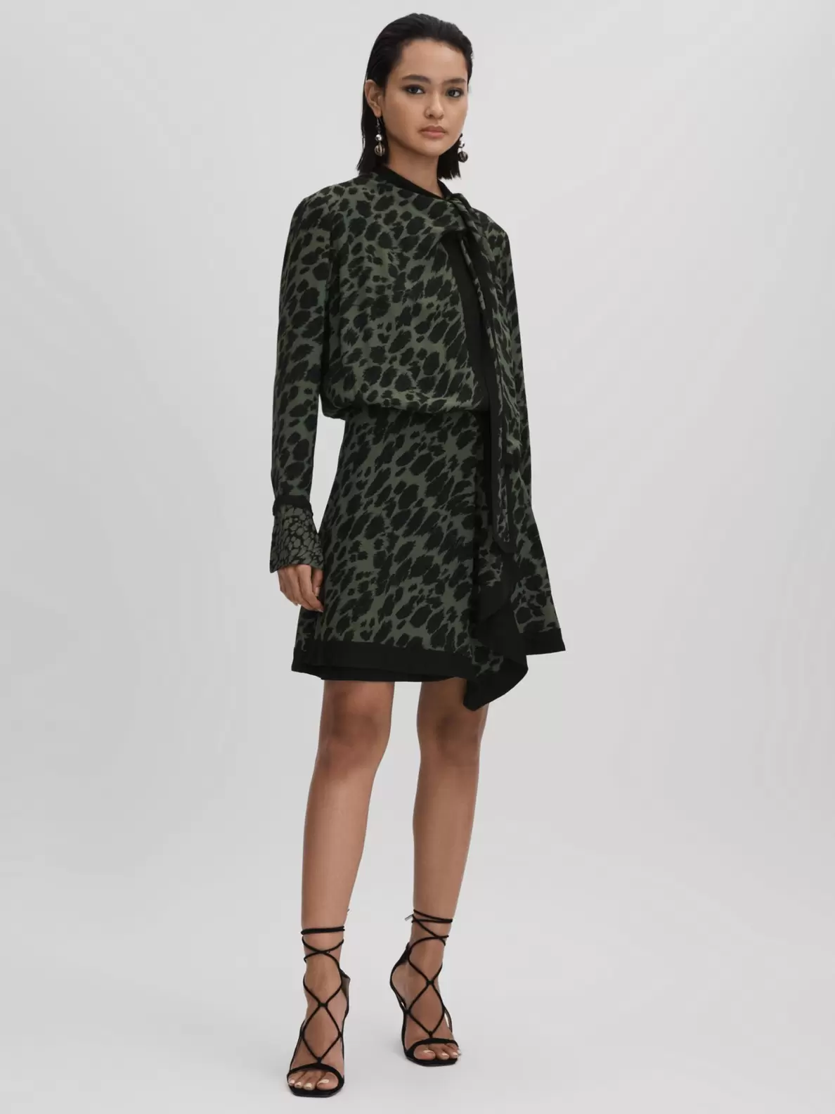 Reiss Katie Animal Print Flippy Dress, Black/ Dark Khaki offers at £108 in John Lewis