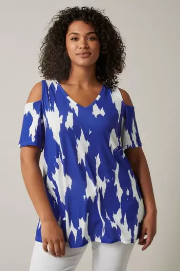 EVANS Curve Blue Abstract Print Cold Shoulder Top offers at £20 in Evans