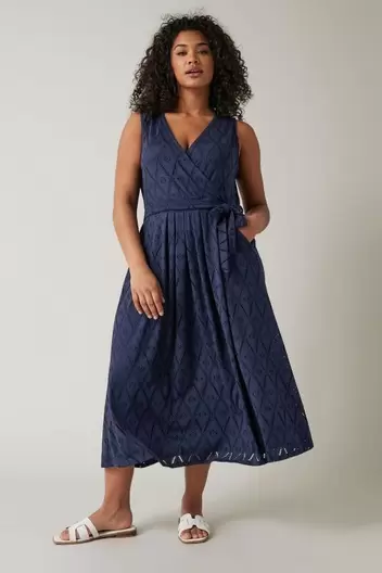 EVANS Curve Navy Blue Broderie Anglaise Wrap Dress offers at £20 in Evans