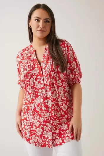 EVANS Curve Red Floral Pintuck Blouse offers at £10 in Evans