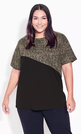 Evans Black Animal Print Colour Block T-Shirt offers at £15 in Evans