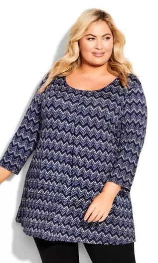 Evans Blue Zigzag Print Pleat Front Tunic Top offers at £20 in Evans