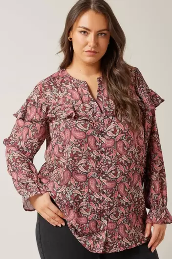 Evans Red Frill Front Print Shirt offers at £15 in Evans