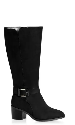 Evans Black Faux Suede Buckle Heeled Knee High Boots offers at £25 in Evans