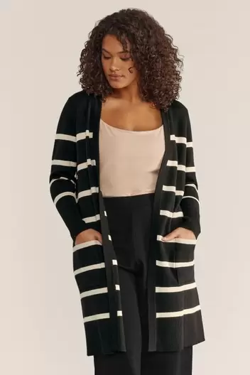 EVANS Curve Black & Ivory White Stripe Knitted Cardigan offers at £15 in Evans