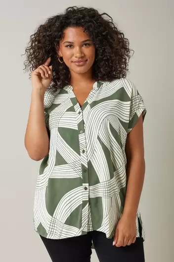 EVANS Curve Olive Green Linear Print Blouse offers at £15 in Evans