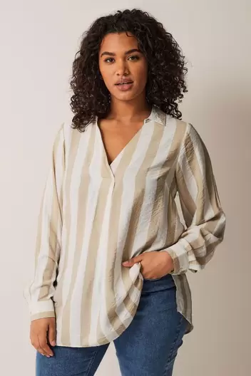 EVANS Curve Natural Brown & White Striped Notch Neck Blouse offers at £10 in Evans