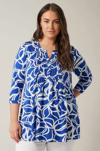 EVANS Curve Blue Abstract Print Pintuck Blouse offers at £20 in Evans