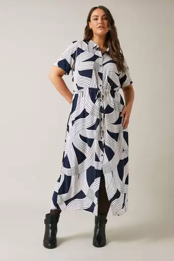 EVANS Curve Navy Blue Linear Print Midi Shirt Dress offers at £20 in Evans