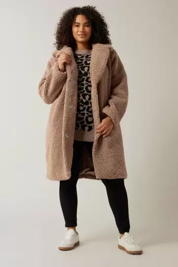 Evans Brown Teddy Shearling Midi Jacket offers at £35 in Evans