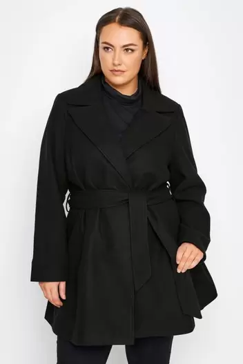 Evans Black Belted Wrap Coat offers at £45 in Evans