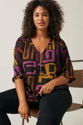 Evans Purple Geometric Print Zip Blouse offers at £15 in Evans