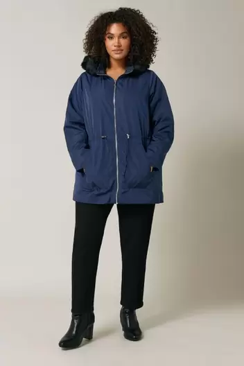 Evans Navy Blue Faux Fur Hooded Parka Coat offers at £25 in Evans