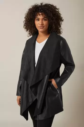 EVANS Curve Black Faux Leather Waterfall Jacket offers at £58.5 in Evans