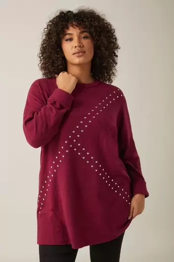 EVANS Curve Burgundy Red Stud Longline Jumper offers at £28 in Evans