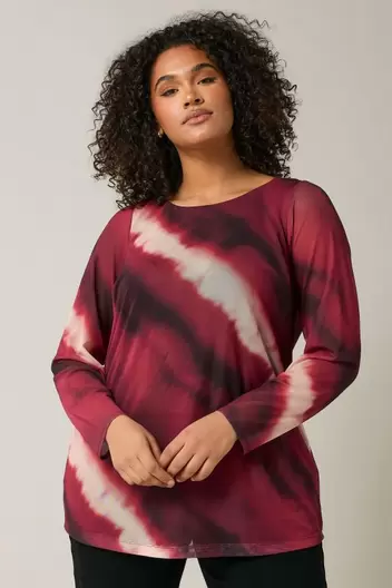 EVANS Curve Burgundy Red Abstract Print Mesh Swing Top offers at £25.6 in Evans