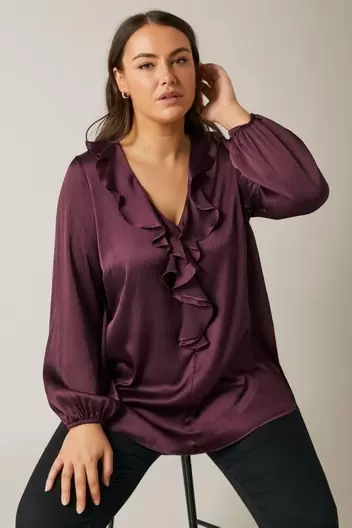 EVANS Curve Burgundy Red Satin Ruffle Neck Blouse offers at £15 in Evans