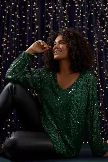 EVANS Curve Emerald Green Sequin Embellished Blouse offers at £25 in Evans