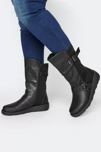 Yours Black Faux Leather Wedge Buckle Boots In Wide E Fit & Extra Wide EEE Fit offers at £31.99 in Evans