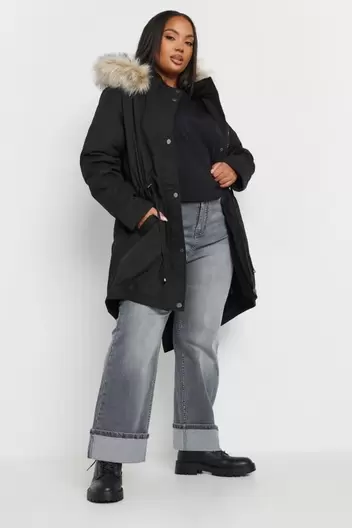 YOURS Curve Black Faux Fur Trim Parka Coat offers at £52 in Evans