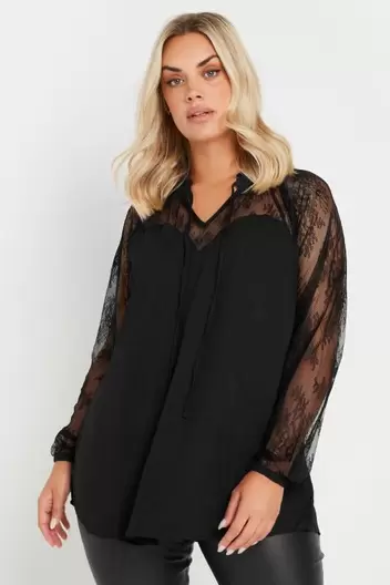 YOURS Curve Black Lace Sweetheart Tie Neck Blouse offers at £15 in Evans