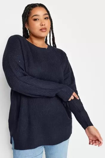 YOURS Curve Navy Blue Drop Shoulder Knitted Jumper offers at £15.99 in Evans