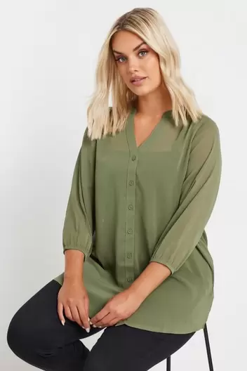 YOURS Curve Khaki Green Sheer Notch Neck Blouse offers at £10 in Evans