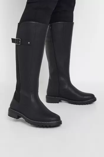 Yours Black Faux Leather Stretch Knee High Boots In Extra Wide EEE Fit offers at £44 in Evans