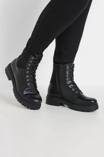 Yours Black Stretch Panel Lace Up Chunky Boots In Wide E Fit & Extra Wide EEE Fit offers at £36 in Evans