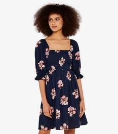Apricot Navy Floral Square Neck Shirred Mini Smock Dress offers at £25 in New Look