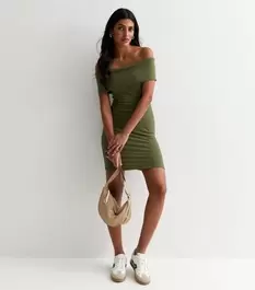 Khaki Ribbed Jersey Bardot Mini Dress offers at £17 in New Look