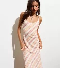 Off White Strappy Stripe Print Bias Midi Slip Dress offers at £25 in New Look