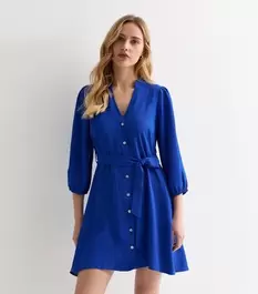 Blue Grandad Collar Mini Shirt Dress offers at £20 in New Look