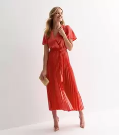 Coral Satin Wrap Front Pleated Midi Dress offers at £22 in New Look