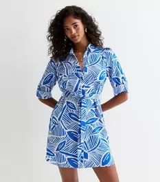 Blue Leaf-Print Mini Shirt Dress offers at £14 in New Look