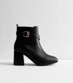 Extra Wide Fit Black Leather-Look Buckle Block Heel Boots offers at £20 in New Look