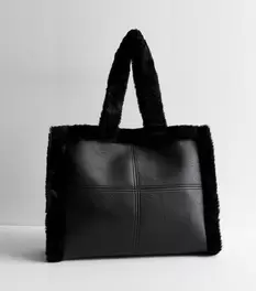 Black Large Faux Fur Trim Boxy Tote Bag offers at £16 in New Look