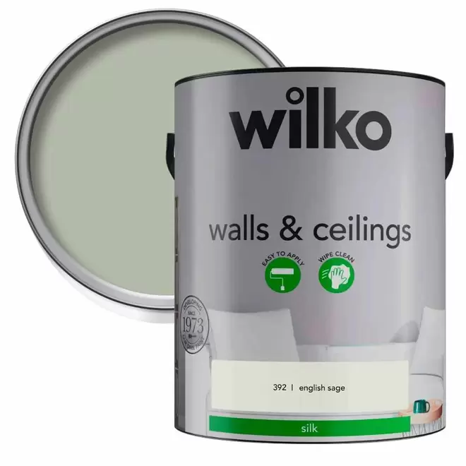 Wilko Walls & Ceilings English Sage Silk Emulsion Paint 5L offers at £21.99 in Wilko